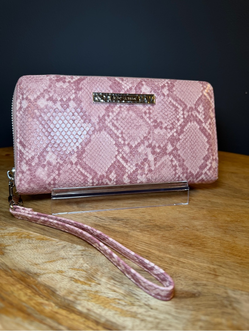 Betsey Johnson Pink Snake-Pattern Wristlet Wallet